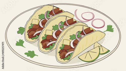 Three delicious tacos on a plate with lime and onion garnish.