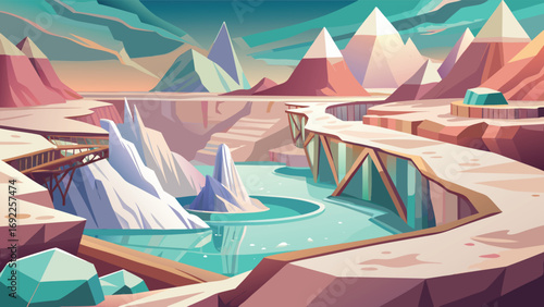 Mountain landscape with river and bridge. Vector illustration in cartoon style