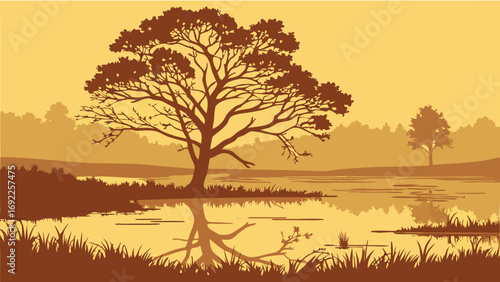 Serene lake landscape with trees reflection and tranquil nature scene.