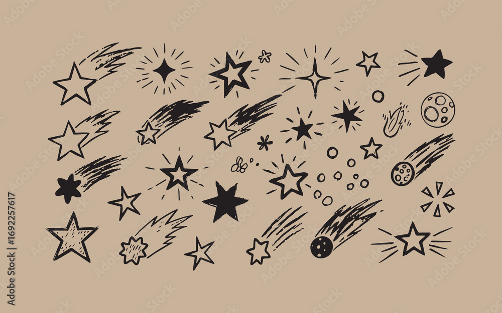 Fototapeta premium Hand drawn starbursts and shooting stars doodle collection