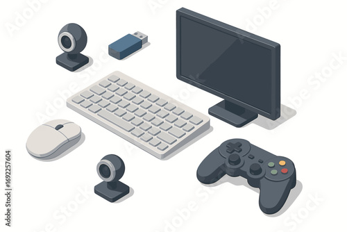 Isometric gaming peripherals set with keyboard, monitor, and game controller on white background