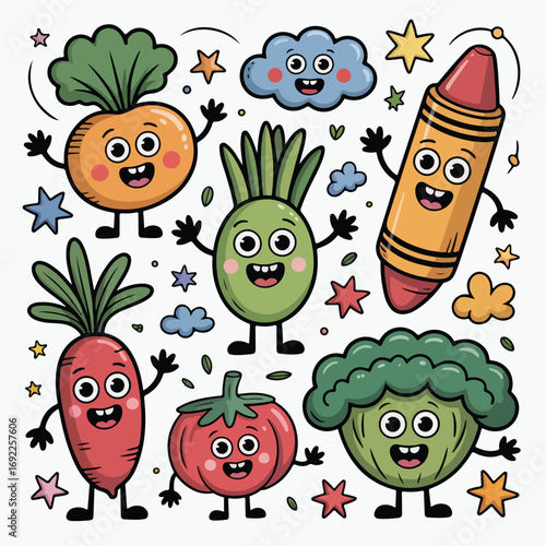 A funny set of cartoon vegetable characters with smiling faces, including a carrot and a tomato, are featured in a vector illustration