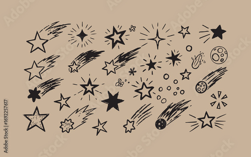 Hand drawn starbursts and shooting stars doodle collection
