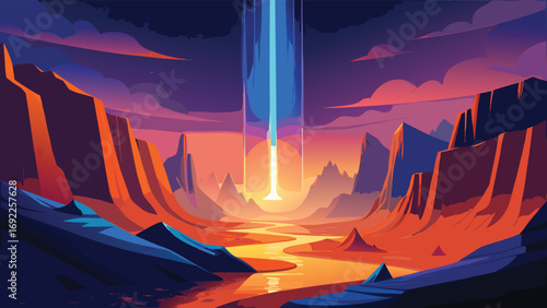 Fantasy landscape with river and mountains. Vector cartoon illustration of alien planet.