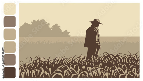 Silhouette of a person in a field at sunset vector illustration vintage style artwork.