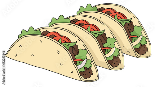 Three Delicious Tacos with Meat Lettuce and Tomato Illustration.