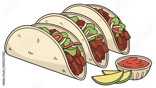 Three Delicious Tacos with Salsa and Lime Wedges - Perfect for Menu Design Food Blogs and Restaurant Marketing.