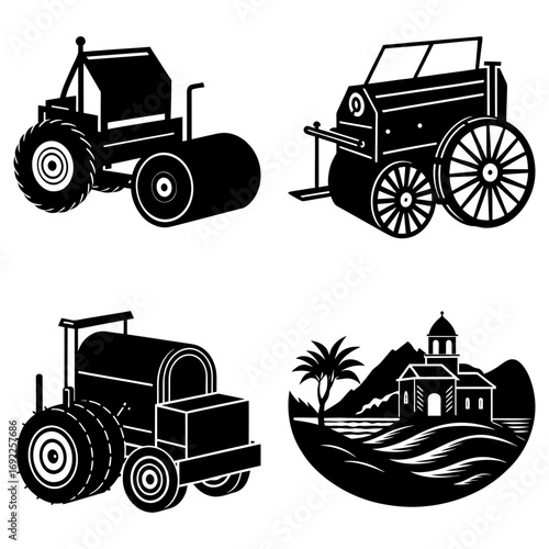 Illustration of different types of road rollers and a building on a landscape in black and white style