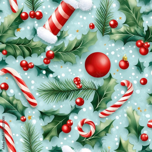 Festive christmas holly and candy cane pattern with red berries and snowflakes