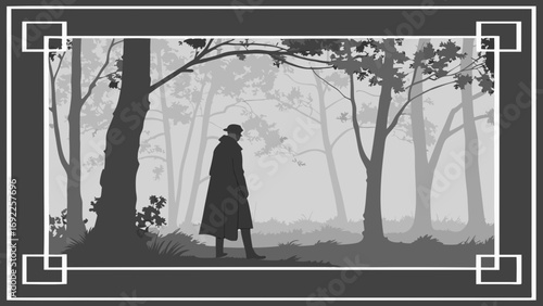 Silhouette of a Person Walking in a Foggy Forest Monochromatic Illustration Vintage Style Frame.