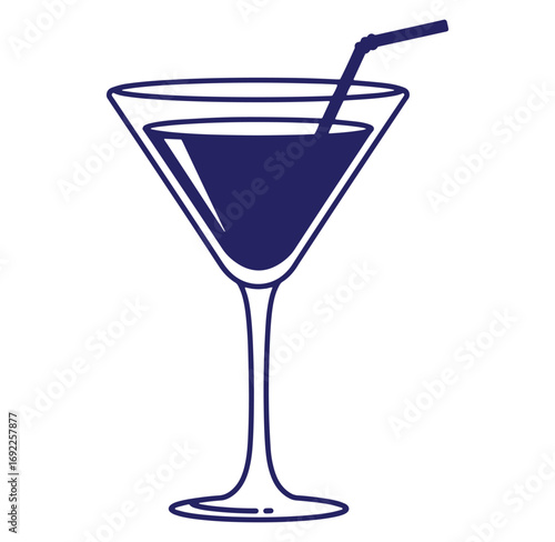 Elegant vector illustration of a martini cocktail glass with a straw in a classic style