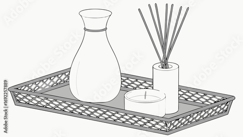 Spa Items on Tray Aromatherapy Reed Diffuser Candle Bottle Wellness Home Decor Illustration.