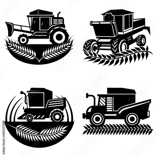 Collection of four black and white combine harvester icons with wheat stalks in a square arrangement