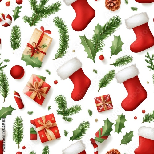 Festive christmas pattern with gifts, stockings, and holiday decorations
