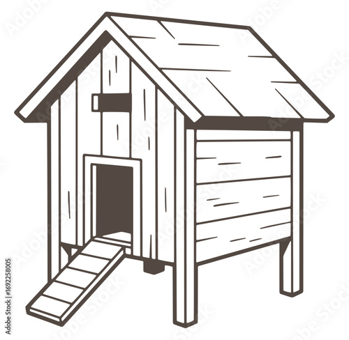 Hand drawn illustration of a classic wooden chicken coop with a ramp for the poultry animals