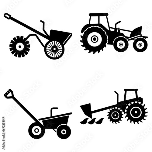 Illustration showing various agricultural tools and tractors in a black and white design style