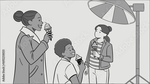 Three people enjoying ice cream cones under studio lighting.