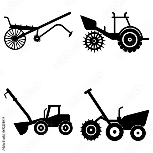 Four different types of farm tractors and plows depicted in black silhouette on a white background art