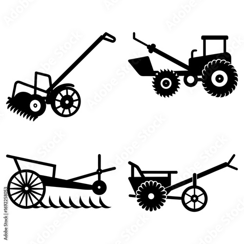 Illustration showing four different types of agricultural tillers in black silhouette on a white background