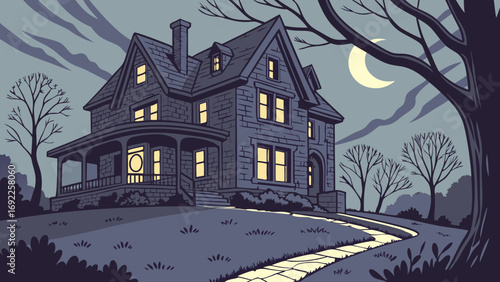 Spooky Victorian House at Night Halloween Illustration Creepy Mansion Dark Home Mystical Building Gothic Architecture Night Scene Moonlit Landscape Mysterious Home Autumnal Setting Spoo.