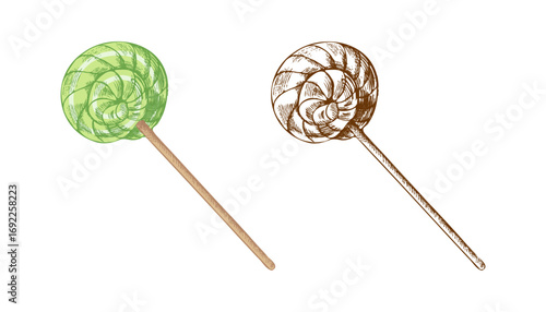 Hand drawn vintage sketch of green spiral lollipop with stick in color and monochrome version, isolated vector illustration