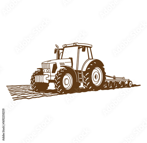 Illustration of a brown tractor plowing a field in a simple linear style