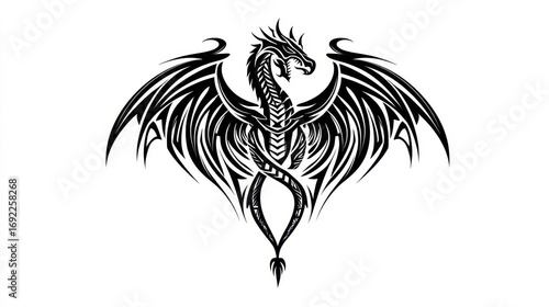 Intricate Black Dragon Artwork with Sharp Wings and Elongated Tail in Tribal Style Design
