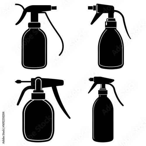Illustration of four different black spray bottles with trigger nozzles on a white background design vector