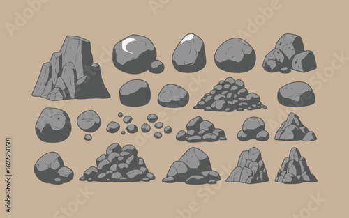 Collection of diverse grey rocks and stones in various shapes and sizes