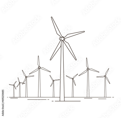 Minimalist line drawing depicting a cluster of wind turbines generating green energy