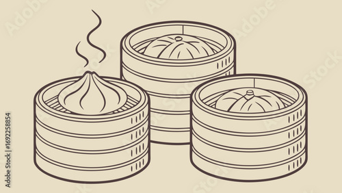 Steamed Buns in Bamboo Steamers Asian Cuisine Illustration Food Menu Design Restaurant Graphics.