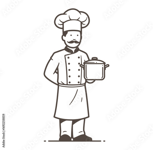 Professional chef in uniform holding a cooking pot ready for delicious food preparation