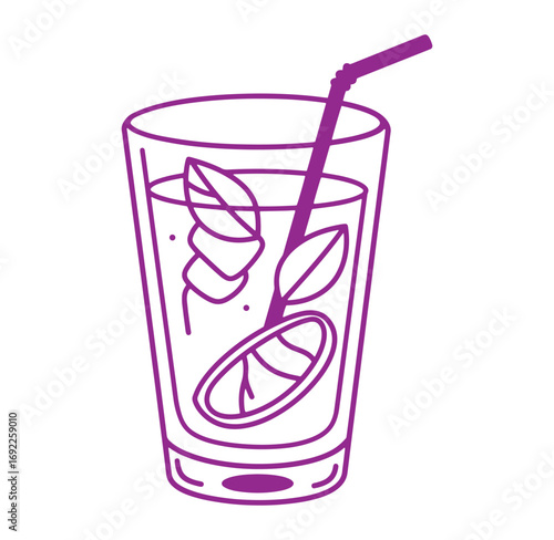 Refreshing summer drink illustration purple outline with lime and mint leaf decorations