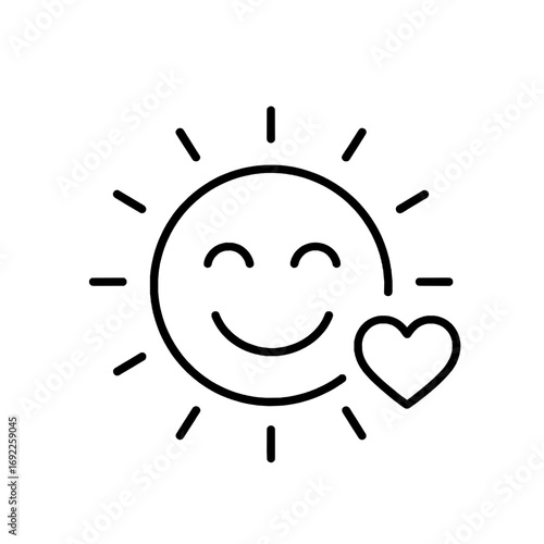 A cheerful sun icon with a radiant smile and a loving heart, symbolizing happiness, warmth, and positive feelings for designs