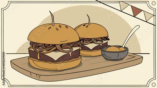 Two Delicious Burgers with Caramelized Onions and Sauce on Wooden Board.