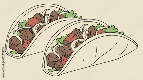 Two Delicious Tacos with Meat and Vegetables Illustration Clipart.