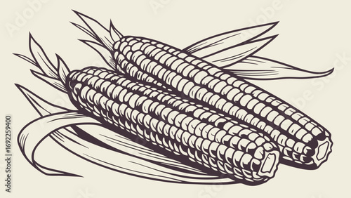Two ears of corn illustration hand-drawn style monochrome agricultural product food design element vector graphic vintage design farm produce harvest illustration maize illustration kit.