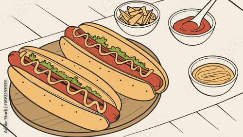 Two Hot Dogs with Mustard Ketchup and Fries on Wooden Board.
