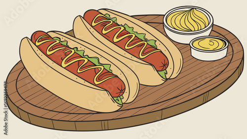 Two Hot Dogs with Mustard on Wooden Board Delicious Fast Food Illustration.