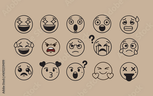 Collection of hand drawn cartoon emoji faces with various emotions