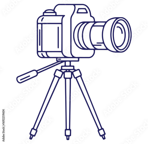 Simple line art illustration of a professional digital camera on a tripod for photography