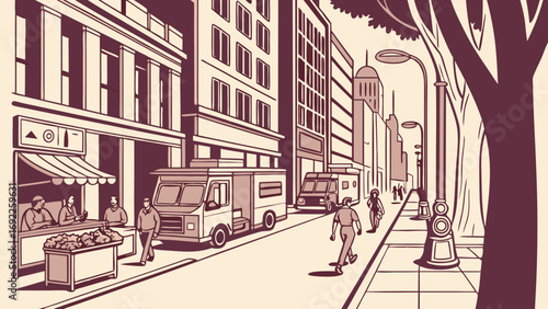 Urban Street Scene People Walking Shops and Delivery Vans Illustration.