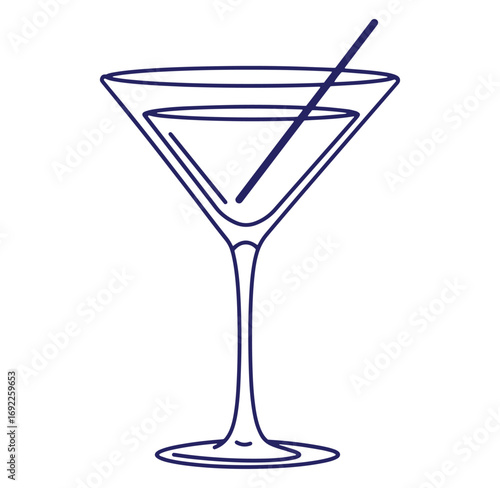 Simple martini cocktail glass outline illustration with a straw for beverage and party designs