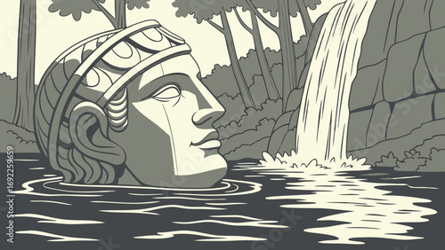 Stone Head Submerged in Water with Waterfall Background Serene Nature Scene Mysterious Illustration Ancient Sculpture Mythological Art.