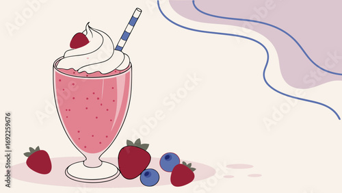 Strawberry milkshake with whipped cream and berries in a tall glass.