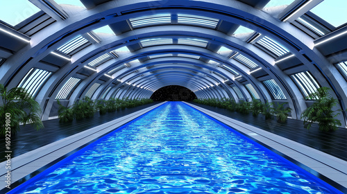 Wallpaper Mural Futuristic indoor swimming pool with arched glass roof, glowing blue water, tropical plants, and modern sci-fi architecture. Torontodigital.ca