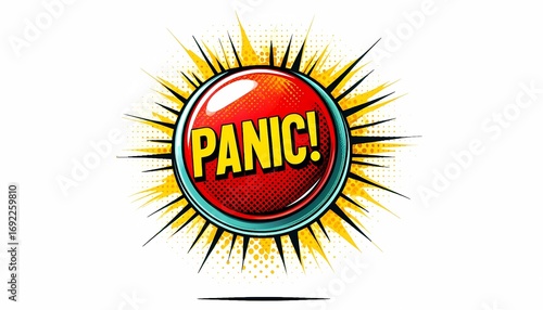 Stylized Panic Button Illustration with Comic Book Design and Exaggerated Effects