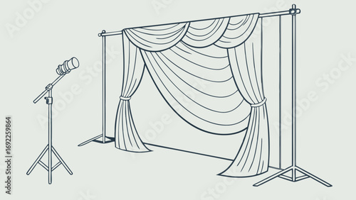 Studio Backdrop with Draped Curtains and Microphone on Stand Ideal for Photography Podcast and Broadcasting Designs.