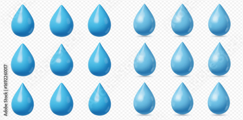 Fifteen glossy blue water droplets arranged in rows on a transparent background, symbolizing purity and freshness.