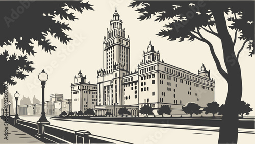 Vintage Cityscape Illustration Tall Building Urban Architecture Street Scene Trees Black and White Sepia Tone Graphic Design Retro Style Cityscape Poster Urban Landscape Building Facad.